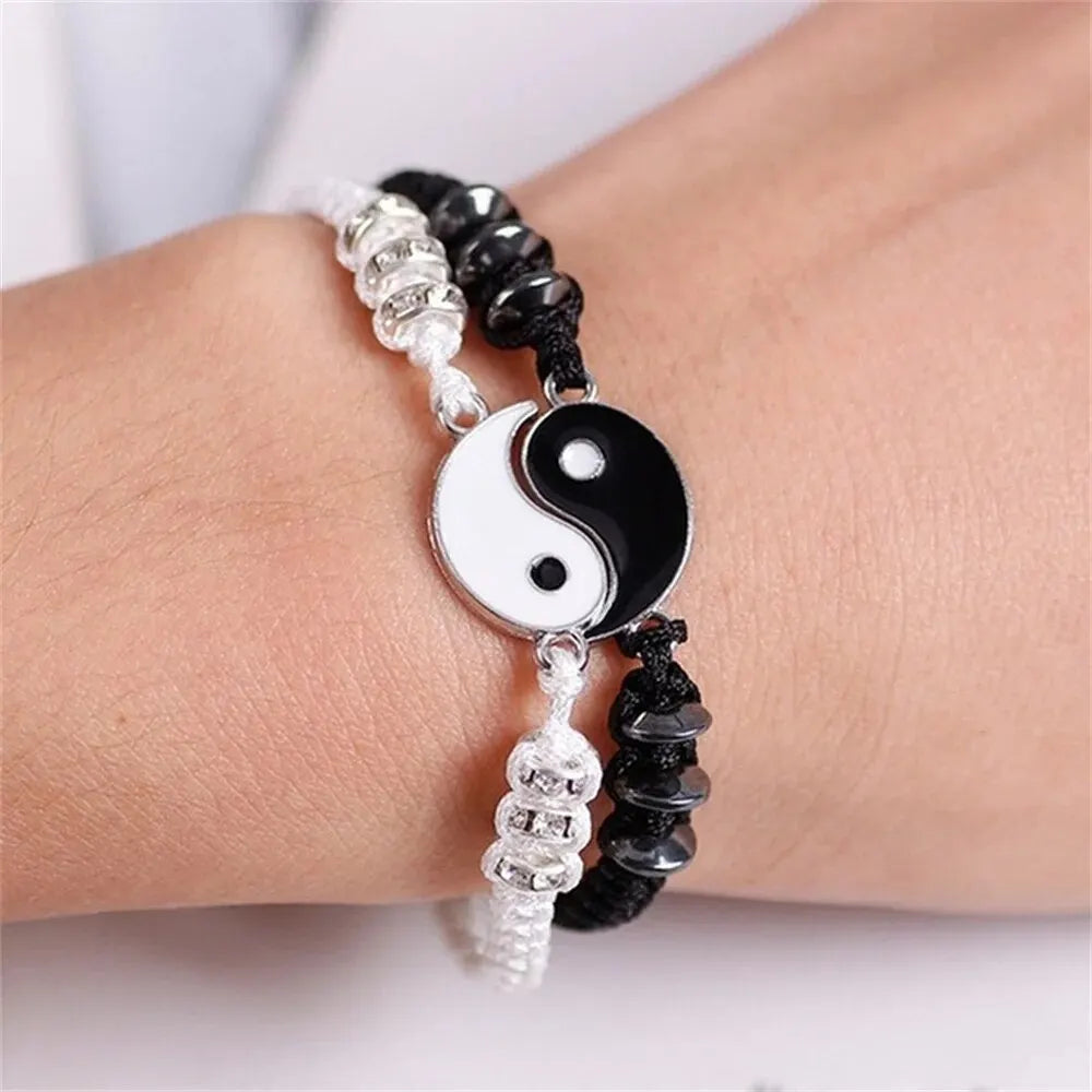 2-Piece Flip Couple Bracelets – Silver-Plated Black & White Set