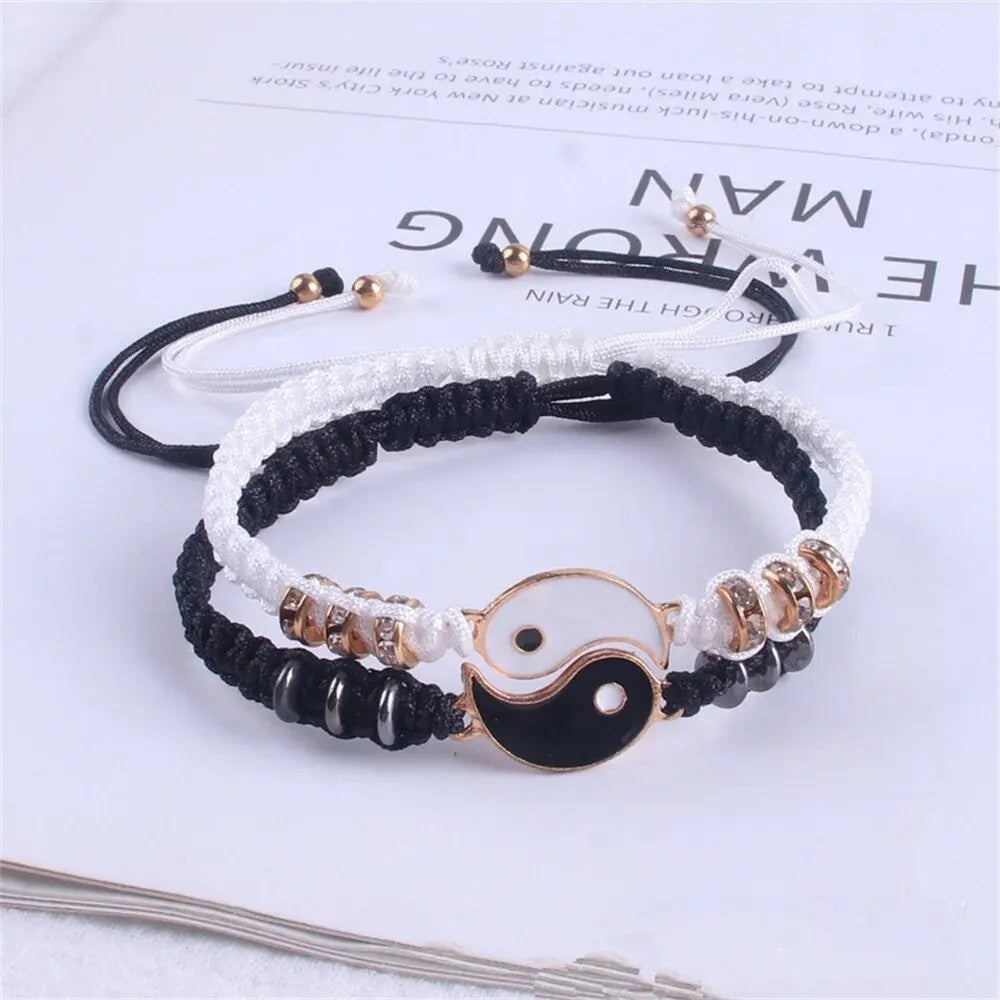 2-Piece Flip Couple Bracelets – Silver-Plated Black & White Set
