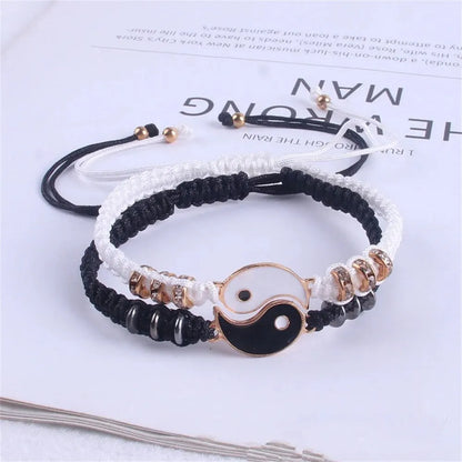 2-Piece Flip Couple Bracelets – Silver-Plated Black & White Set