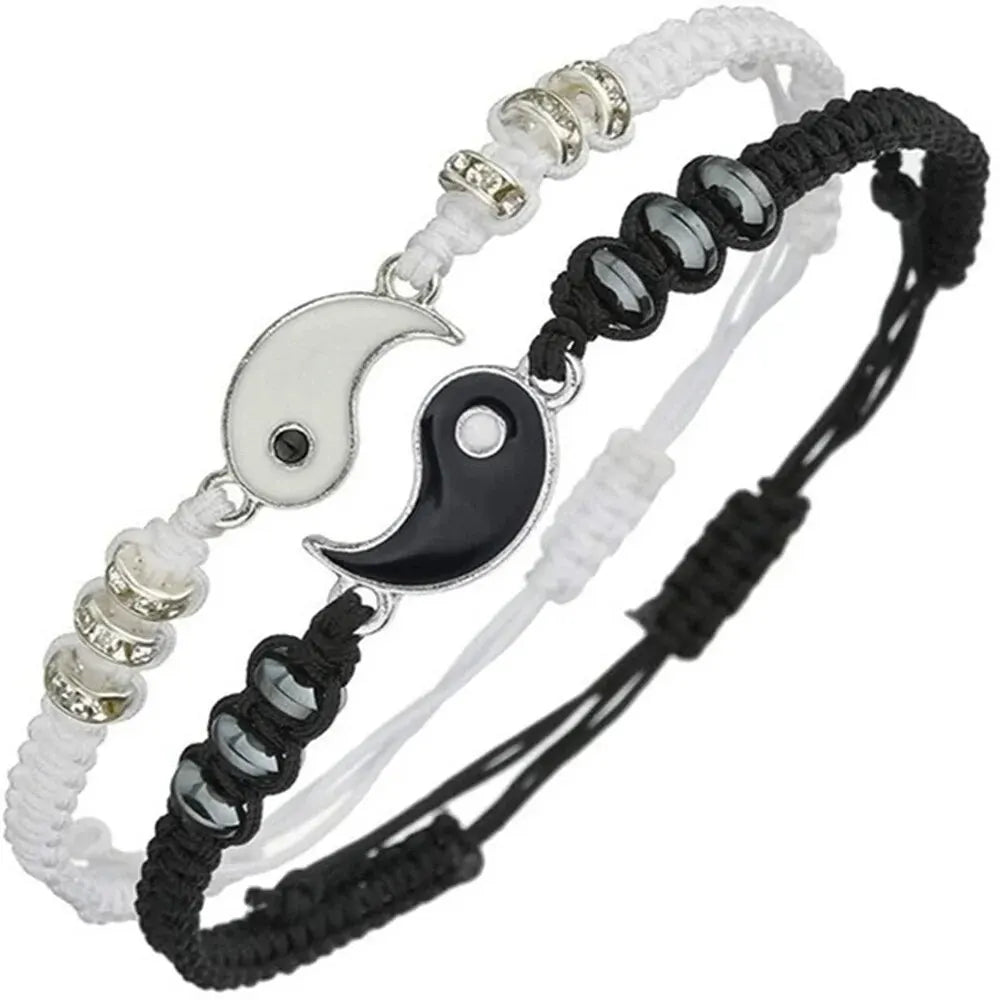 2-Piece Flip Couple Bracelets – Silver-Plated Black & White Set