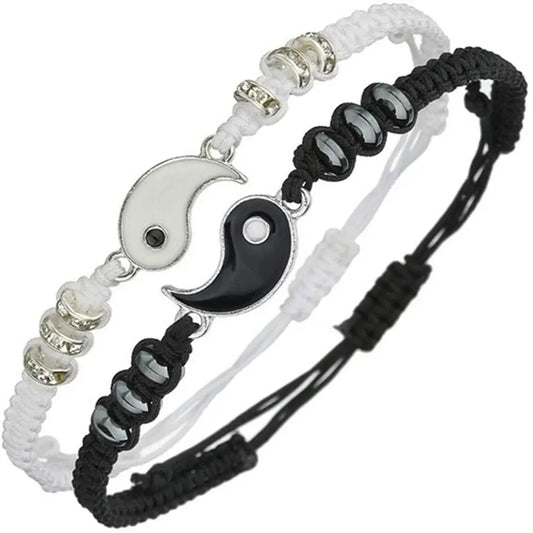 2-Piece Flip Couple Bracelets – Silver-Plated Black & White Set
